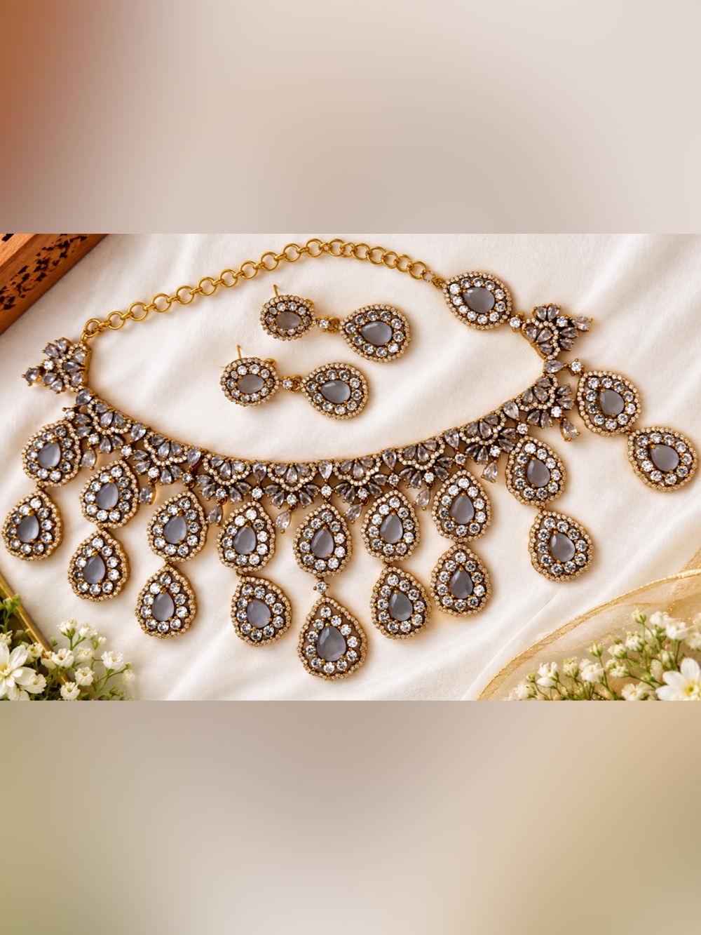 Gold-Tone Necklace & Earring Set with Gray Teardrop Stones